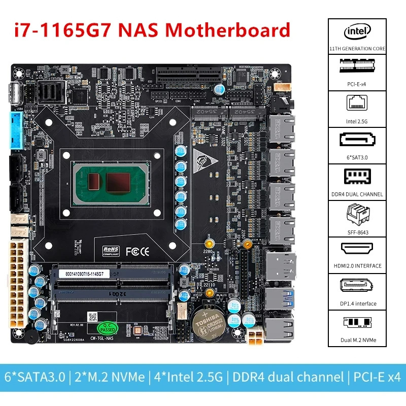 6 Bay NAS Motherboard 11th Gen i7 1165G7 i5 1135G7 i3 1115G4 4x i226 2.5G 6xSATA 2xM.2 NVMe PCIEx4 Mini ITX Firewall Board