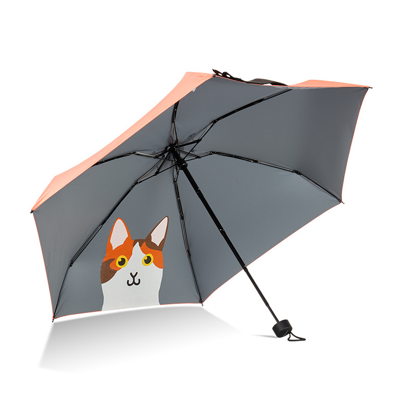 Promotion Cute Cat Mini Anti Uv Sunny Rainy Pocket 5 Fold Umbrella Micro MINI Funny Cat Printed Manual for Adults Pongee 190T