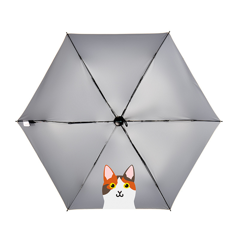 Promotion Cute Cat Mini Anti Uv Sunny Rainy Pocket 5 Fold Umbrella Micro MINI Funny Cat Printed Manual for Adults Pongee 190T