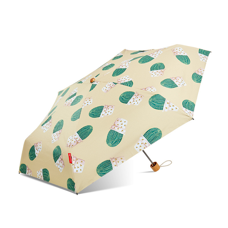 Pocket Mini Sun Protection Anti Uv 5 Fold Umbrella Print Cute Manual Cactus for Adults Pongee 190T UPF50+