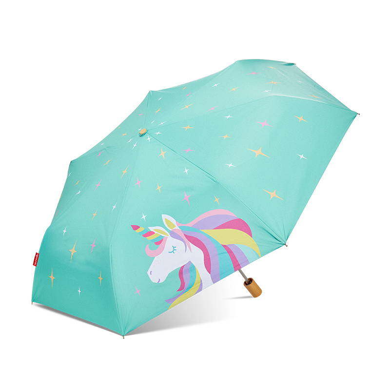 21 Inch 3 Folding Full Color Flower Print Inside Multicolor Fold Umbrella High Quality Umbrella With Wooden Handle