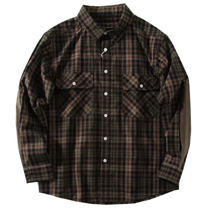 Designer Brand Trendy Loose Elbow Patch Pure Cotton Men'S Plaid Buttoned Elbow Colorblock Patch Long-Sleeved Shirt