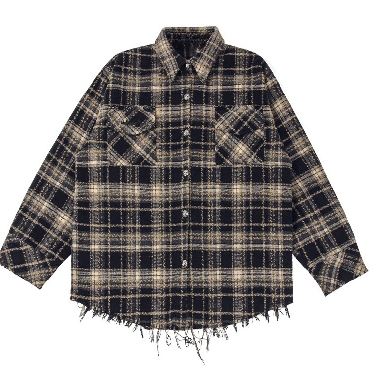 Customized Couple'S Trendy Velvet Plaid Shirt Distressed Raw-Edge Buttoned Plaid Flannel Shirt Retro Men'S Flannel Shirts