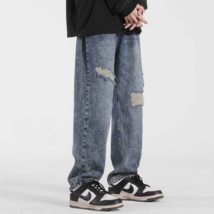 Leisure Streetstyle High Street Heavy Craftsman Washed Straight Leg Damaged Baggy CatWhiskers Men'S Denim Jeans