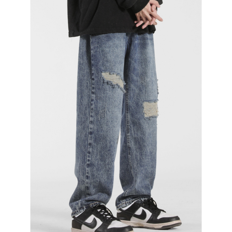 Leisure Streetstyle High Street Heavy Craftsman Washed Straight Leg Damaged Baggy CatWhiskers Men'S Denim Jeans