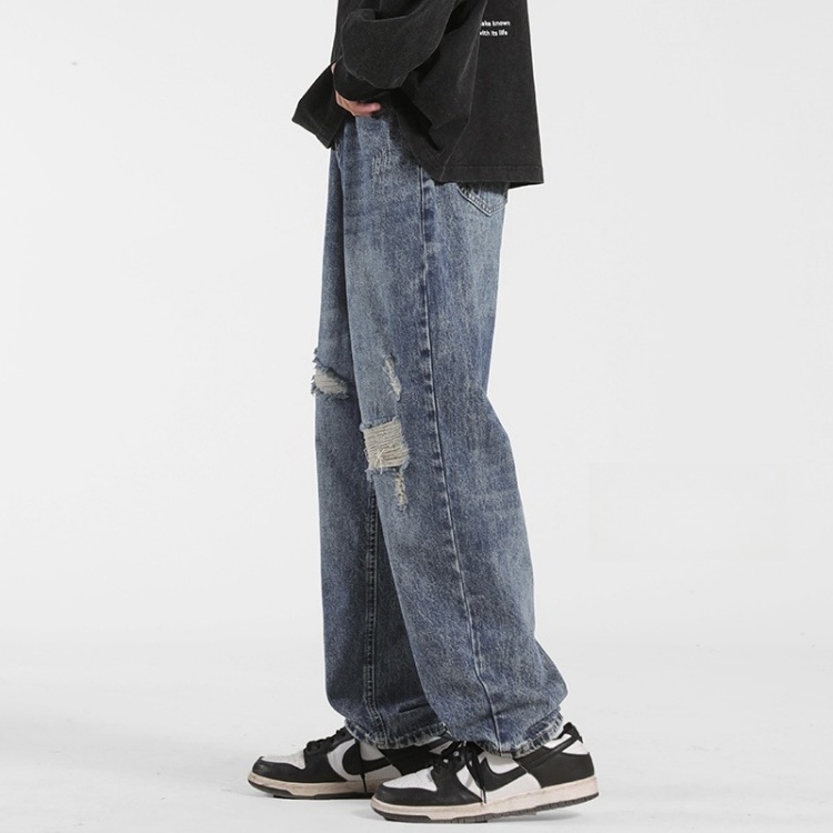 Leisure Streetstyle High Street Heavy Craftsman Washed Straight Leg Damaged Baggy CatWhiskers Men'S Denim Jeans