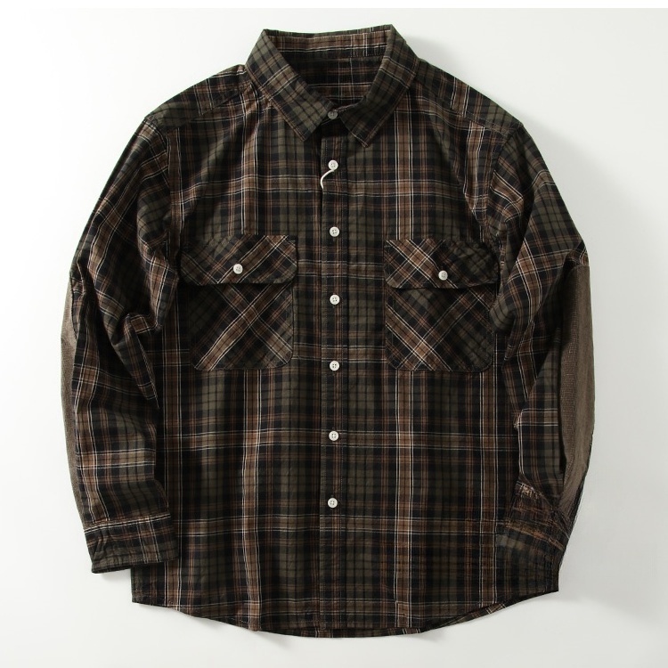 Designer Brand Trendy Loose Elbow Patch Pure Cotton Men'S Plaid Buttoned Elbow Colorblock Patch Long-Sleeved Shirt