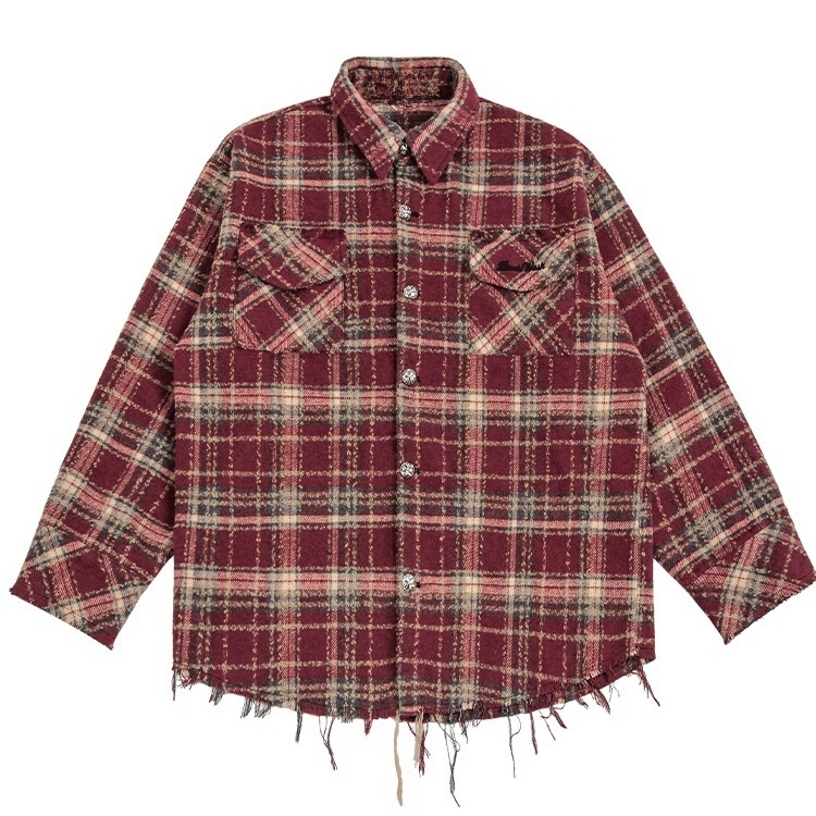 Customized Couple'S Trendy Velvet Plaid Shirt Distressed Raw-Edge Buttoned Plaid Flannel Shirt Retro Men'S Flannel Shirts