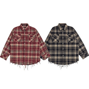 Customized Couple'S Trendy Velvet Plaid Shirt Distressed Raw-Edge Buttoned Plaid Flannel Shirt Retro Men'S Flannel Shirts