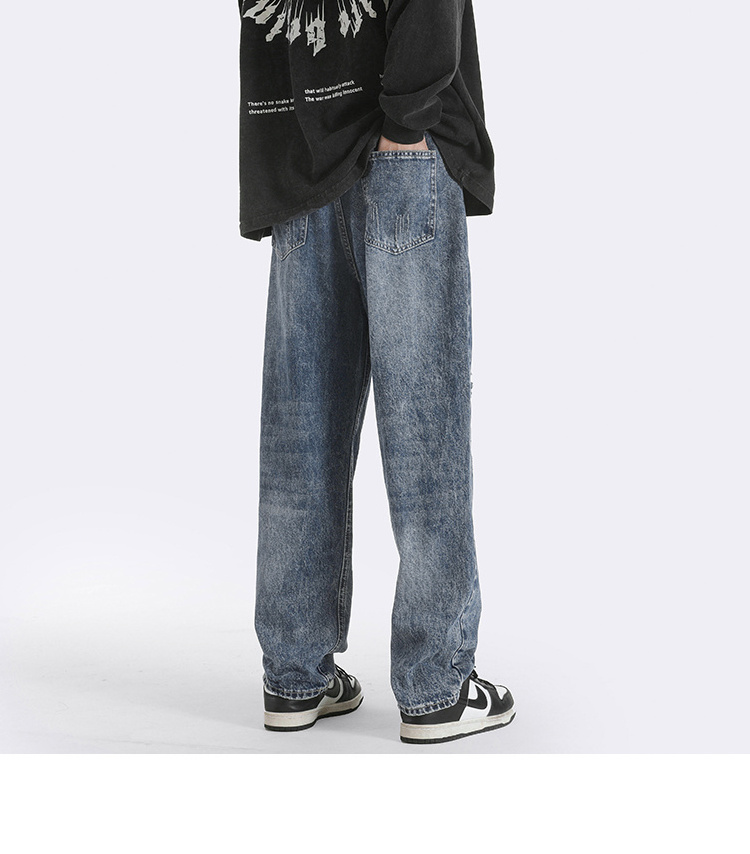 Leisure Streetstyle High Street Heavy Craftsman Washed Straight Leg Damaged Baggy CatWhiskers Men'S Denim Jeans