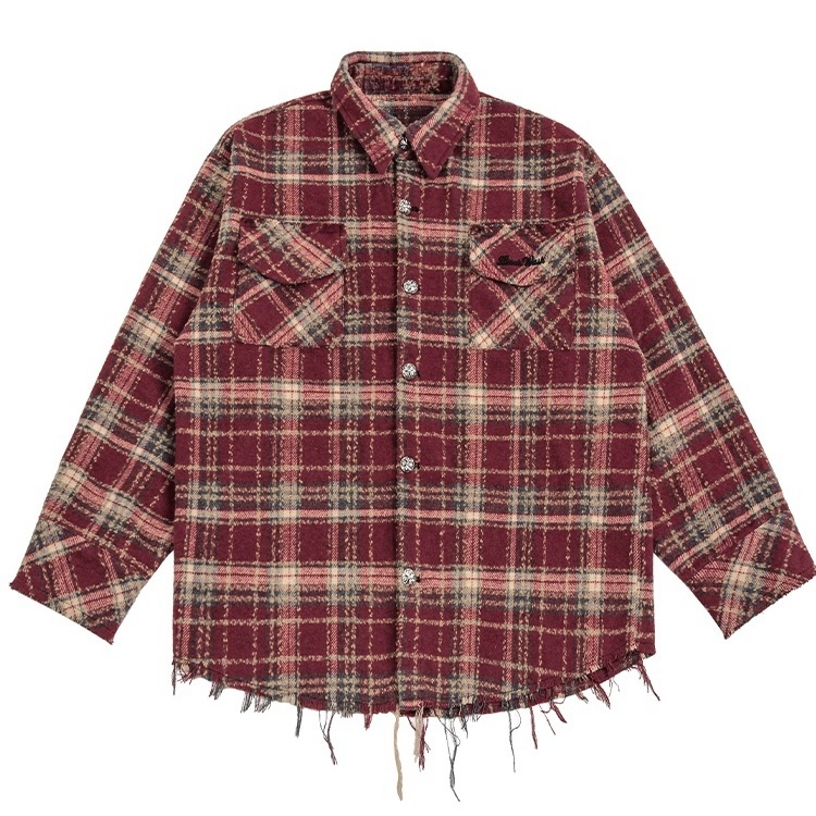 Customized Couple'S Trendy Velvet Plaid Shirt Distressed Raw-Edge Buttoned Plaid Flannel Shirt Retro Men'S Flannel Shirts