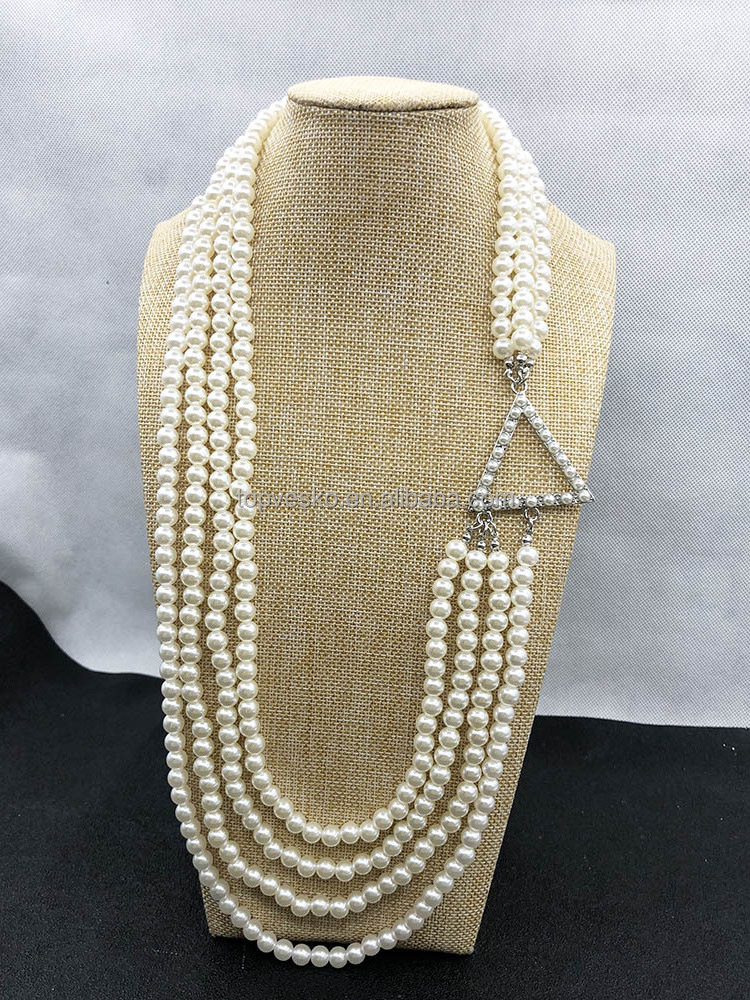 Handmade Three Layer Full White Pearl Triangle Pendant Necklace Greek Sisters Sorority Jewelry Gift