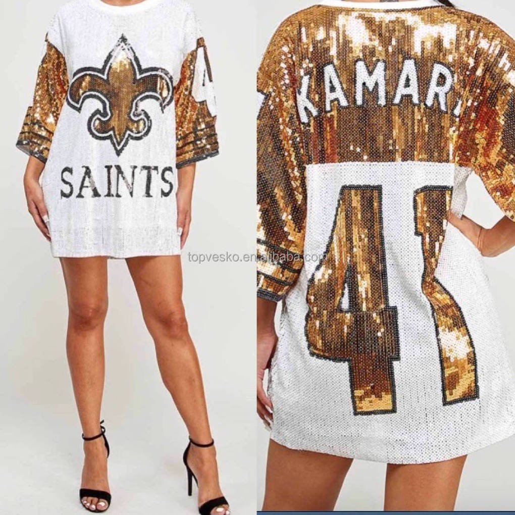 New O Neck Long Sleeved Sequin Women Top Gold Black Fleur De Lis full sequin New Orleans Saints Women Number Sequin Dress