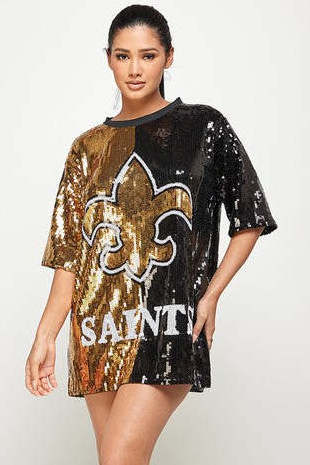 Women's Round Neck Long Sleeved Sequin Fleur De Lis Hip Hop Gold and Black Jersey Sequined T-shirt Dress Top