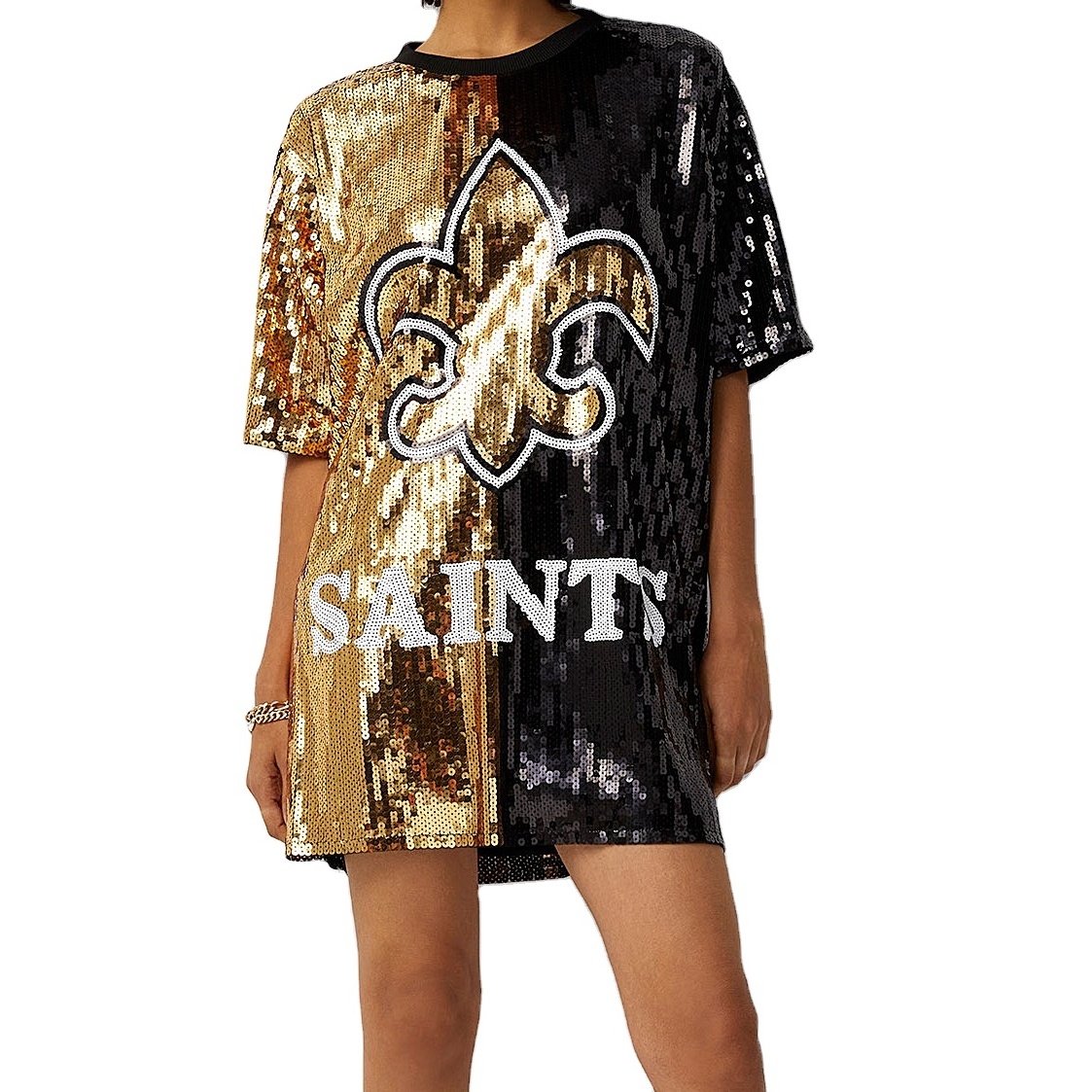 Women's Round Neck Long Sleeved Sequin Fleur De Lis Hip Hop Gold and Black Jersey Sequined T-shirt Dress Top