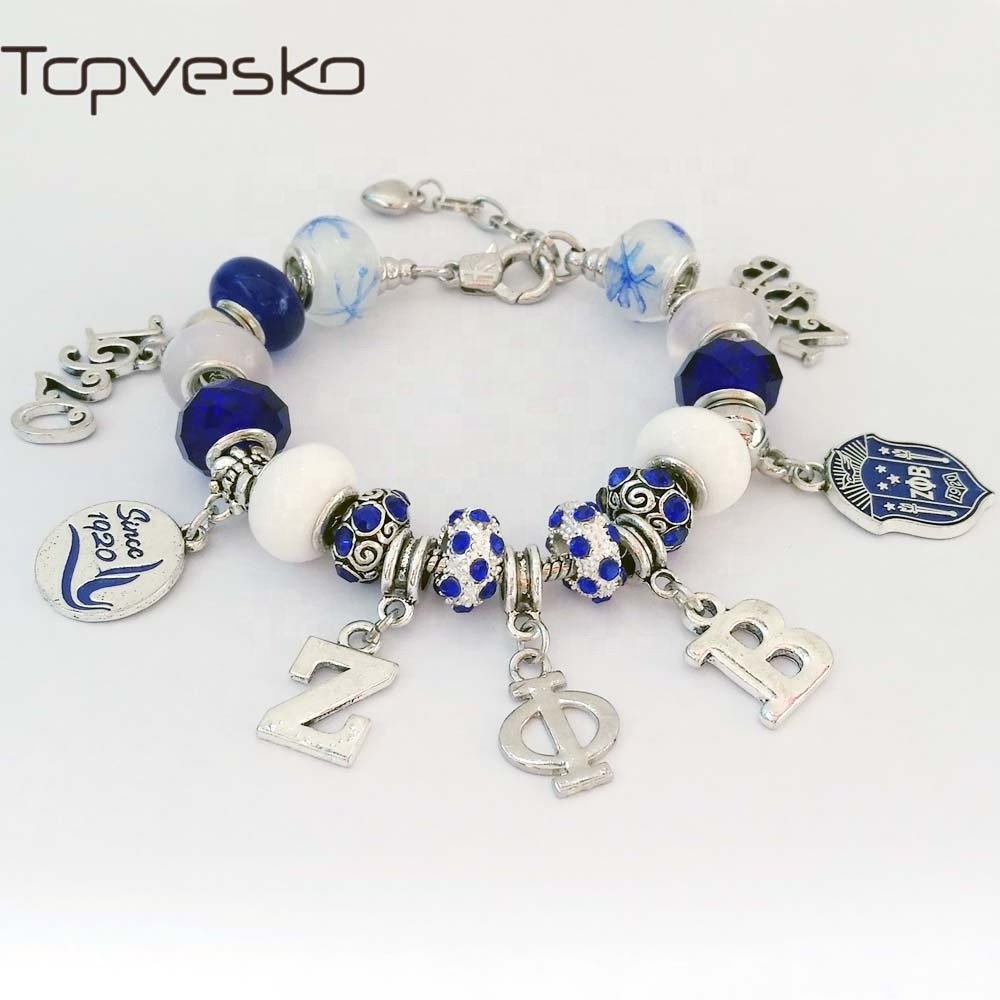 Newest Zeta Phi Beta Sorority European Style Charm Bracelet with T-Bar Closure and Lamp Work Glass beads