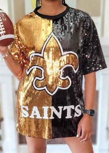 New O Neck Long Sleeved Sequin Women Top black and gold Fleur De Lis full sequin New Orleans Women Number Sequin Dress