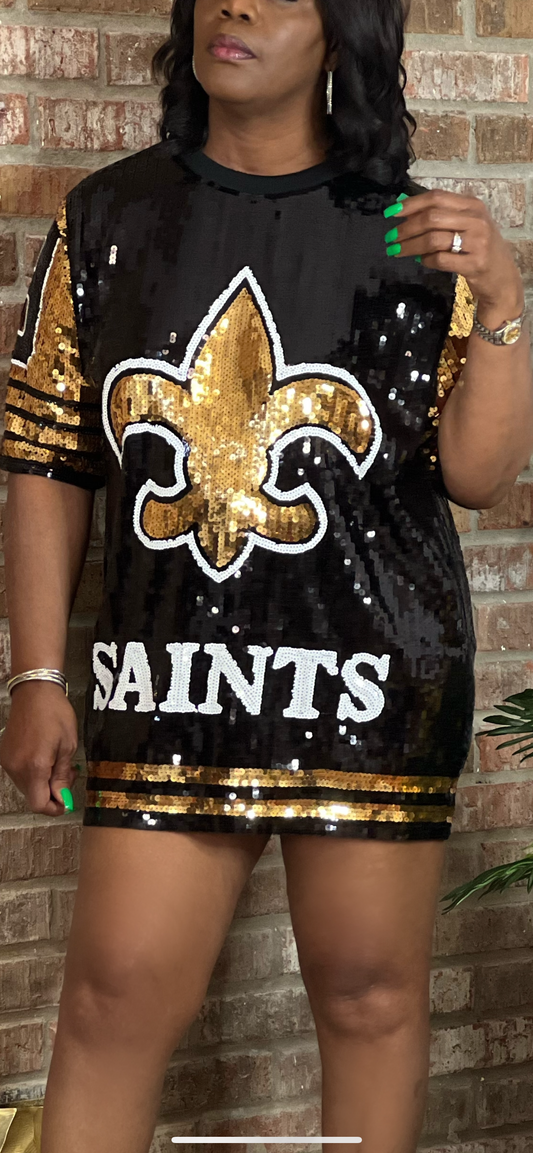 New O Neck Long Sleeved Sequin Women Top black and gold Fleur De Lis full sequin New Orleans Women Number Sequin Dress