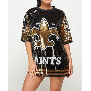 New O Neck Long Sleeved Sequin Women Top black and gold Fleur De Lis full sequin New Orleans Women Number Sequin Dress