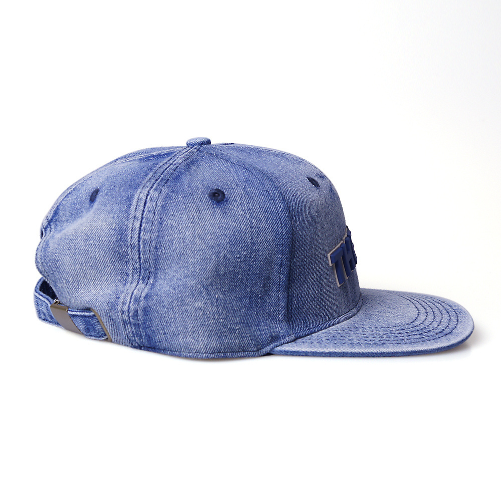 Hot Selling unstructured 6 Panel Flat Bill Custom Printed Logo Enzyme Washed Denim Snapback Cap Acid Wash Jeans Strapback Hat