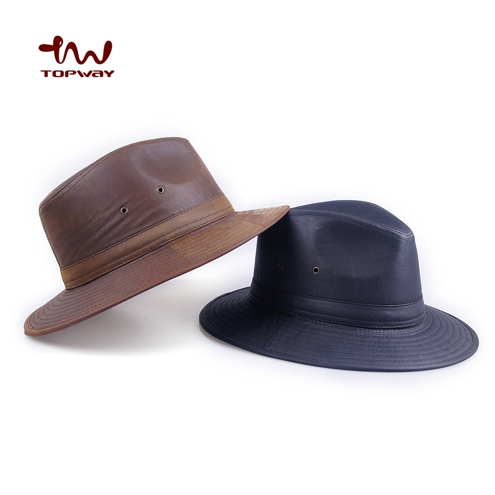 Custom Bucket Felt Hat Cheap Vintage Antique Brass PU Leather Cool Hard Wide Brim Mens Fedora Hats For Cowboy