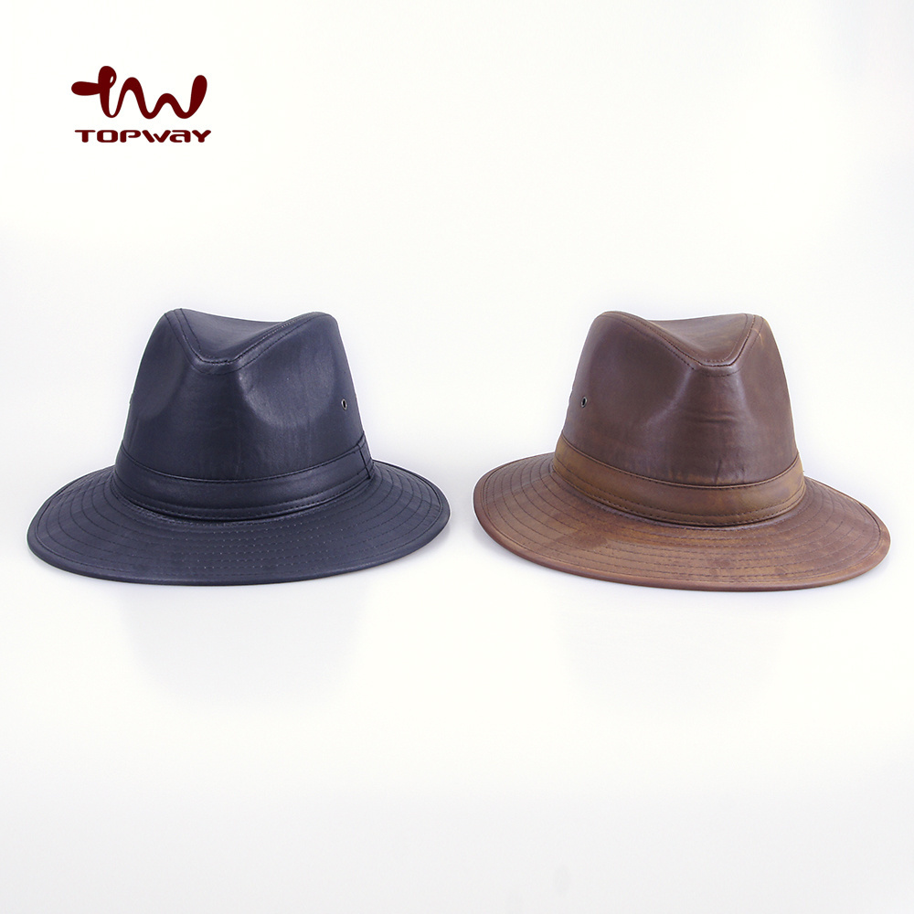 Custom Bucket Felt Hat Cheap Vintage Antique Brass PU Leather Cool Hard Wide Brim Mens Fedora Hats For Cowboy