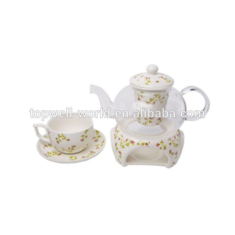 Heat resistant chinese glass teapot and warmer set with ceramic cup