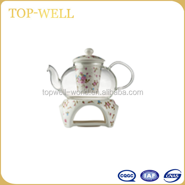 Heat resistant chinese glass teapot and warmer set with ceramic cup