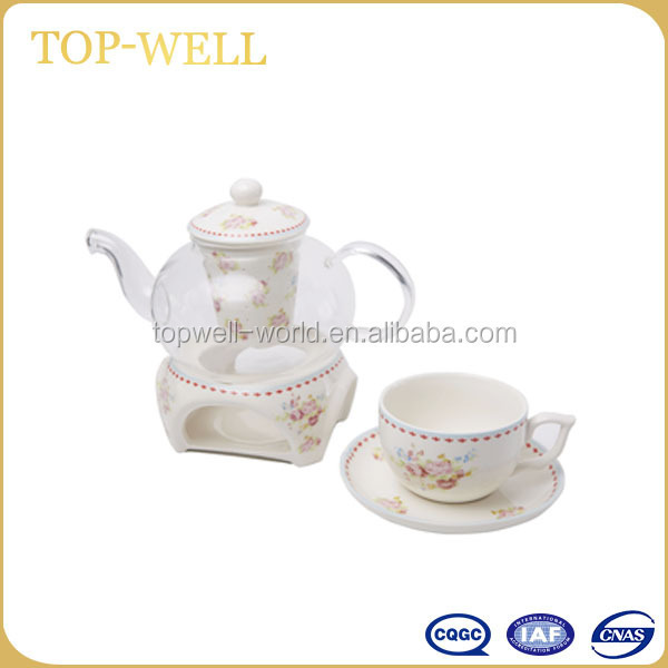 Heat resistant chinese glass teapot and warmer set with ceramic cup