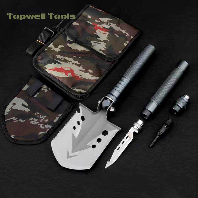 Camping survival Hiking Prevent Outdoors Folding design Tactical Shovel With Knife Whistle Ice piton Magnesium alloy rods