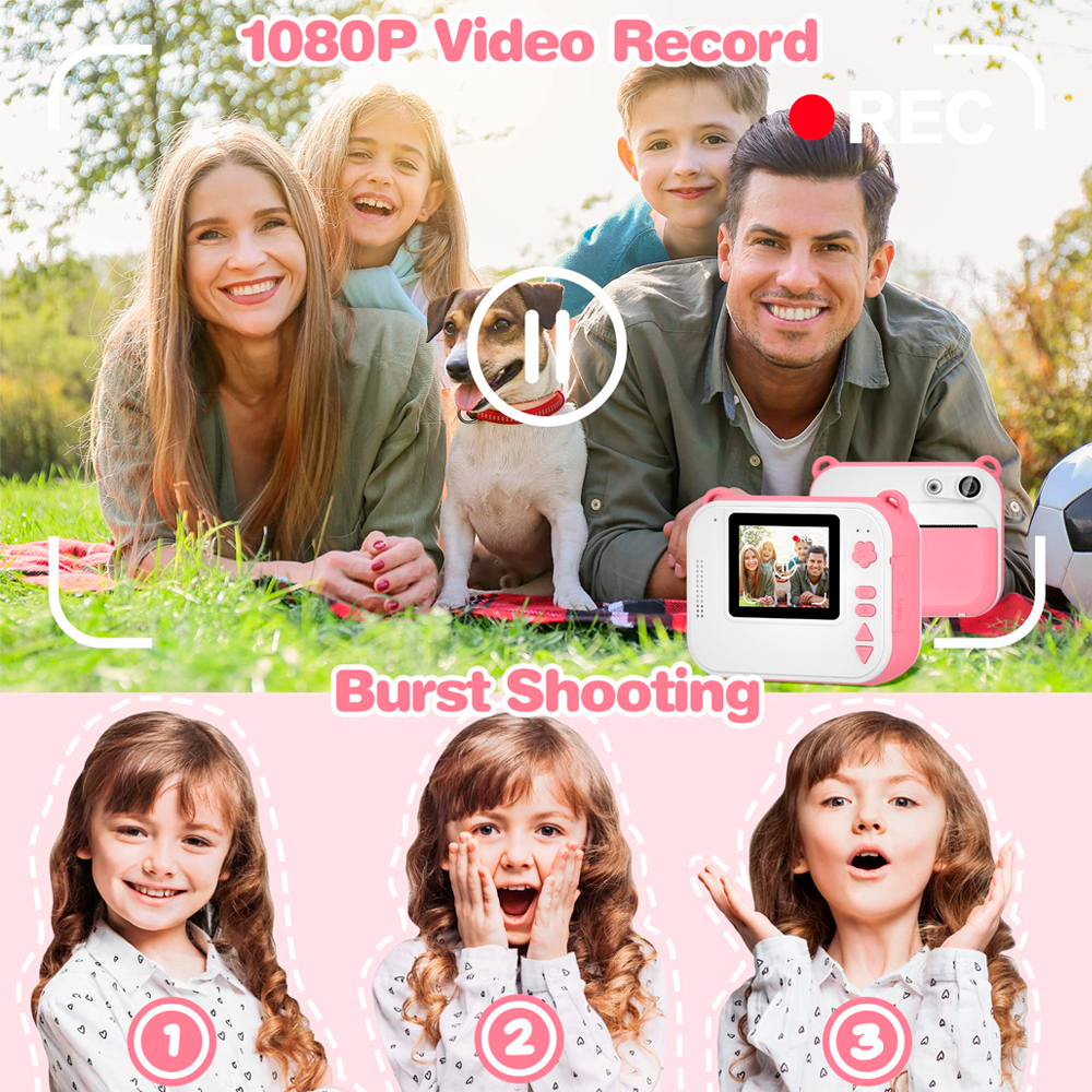 Kids 1080p HD instant print camera boy girls birthday gift white gray print digital video camera