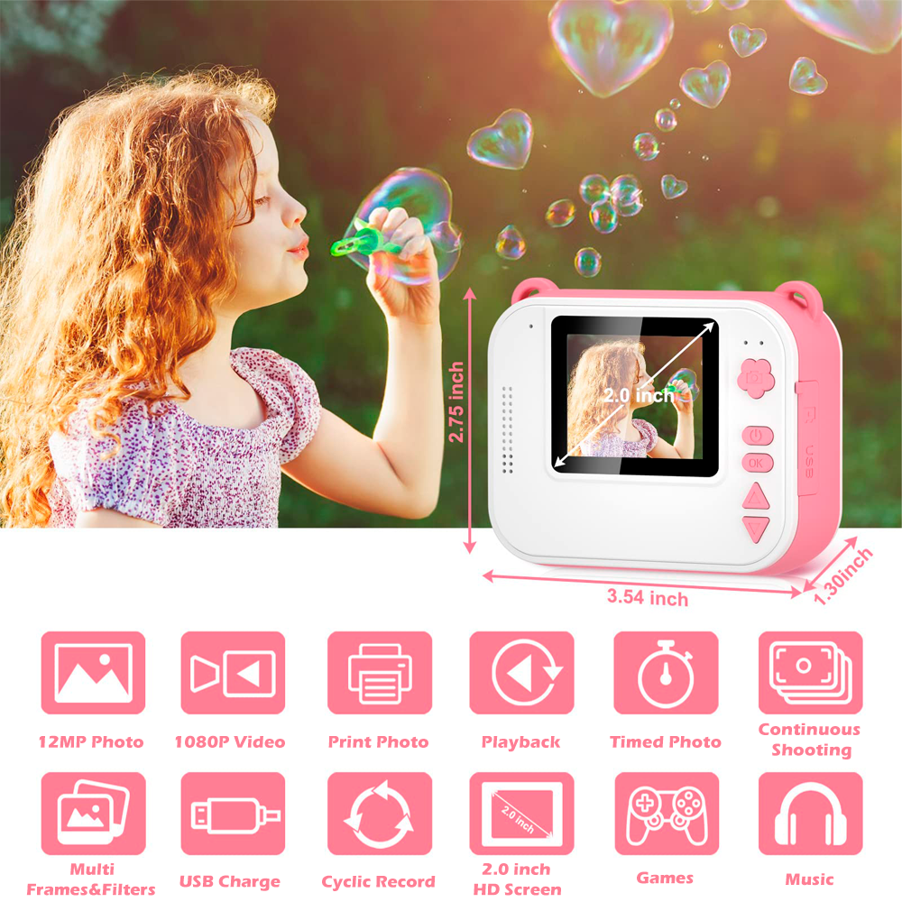 Kids 1080p HD instant print camera boy girls birthday gift white gray print digital video camera