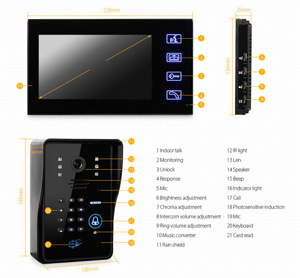 Wired 7 Inch TFT Touch Screen Color Video Door Phone Intercom system Night Vision doorphone Camera doorbell door entry system