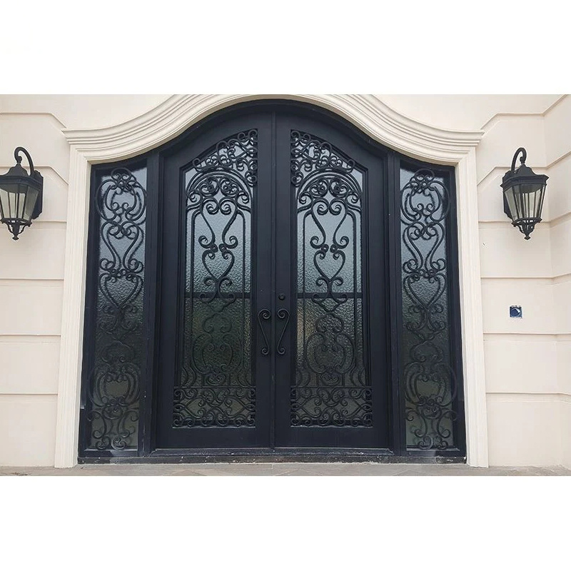 D-TOP external iron doors for villas puertana wrought doors aluminum glass black outdoor and indoor french  iron door for house