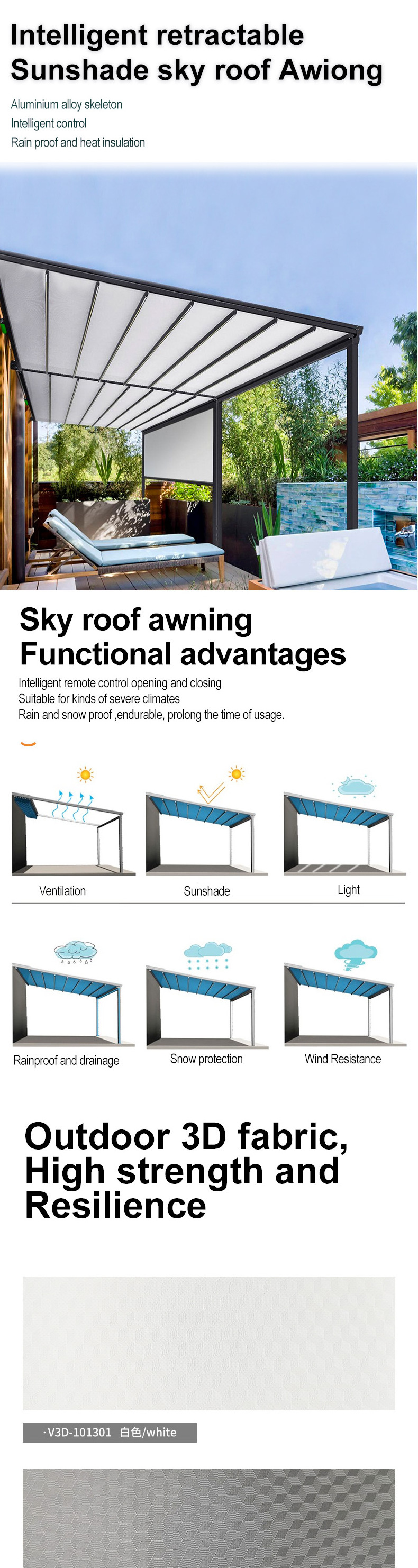 Patio Cover Roof Aluminum Outdoor Waterproof 6X6M Awning Pergola  Retractable Balcony Roof