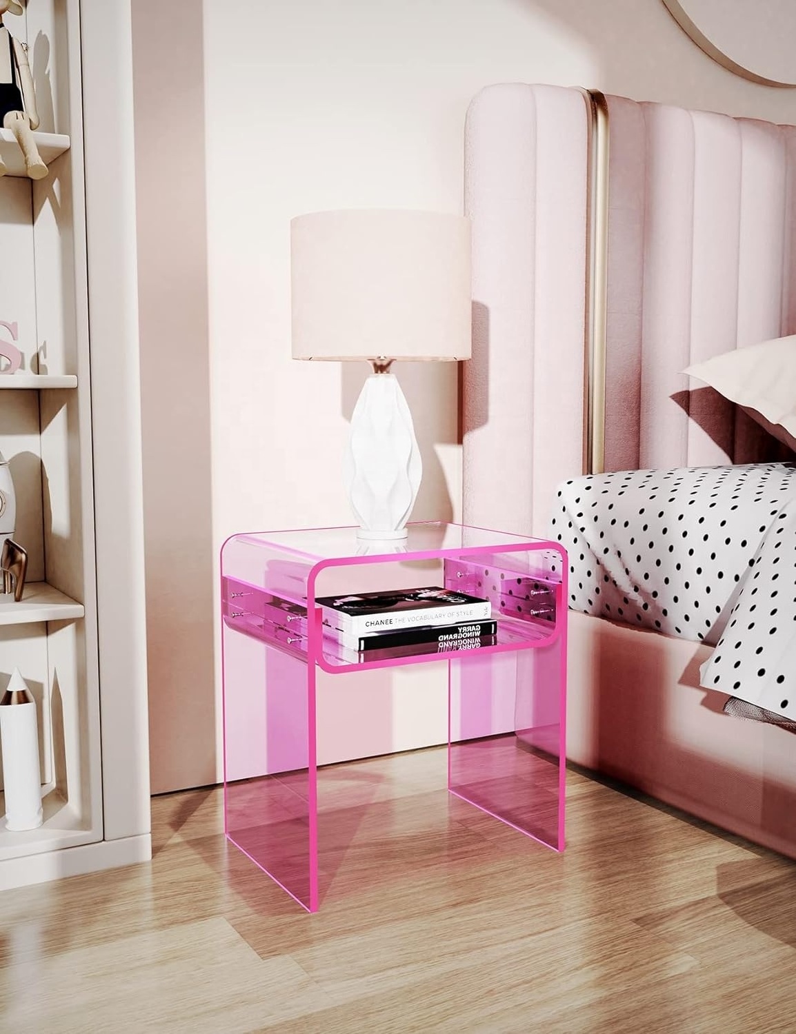 Clear Acrylic End Table 2-Tier Bedside nightstand for Living Room Bedroom Home Decor (Pink)