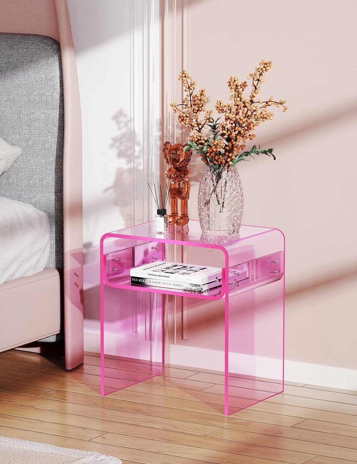 Clear Acrylic End Table 2-Tier Bedside nightstand for Living Room Bedroom Home Decor (Pink)