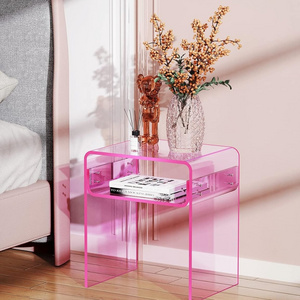 Clear Acrylic End Table 2-Tier Bedside nightstand for Living Room Bedroom Home Decor (Pink)