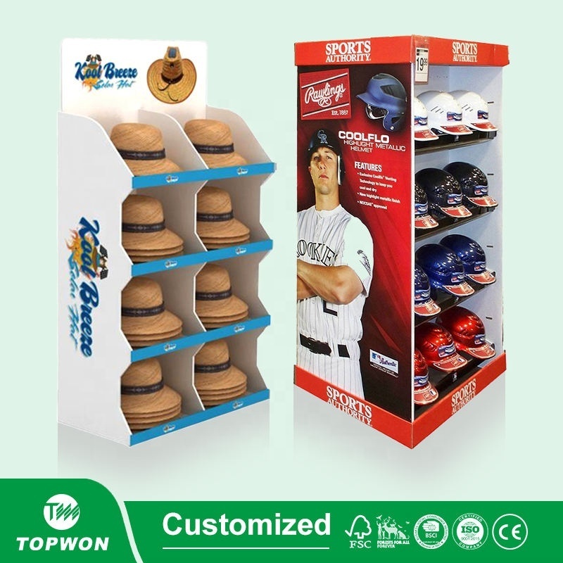 Custom Supermarket Corrugated Clothing Display Rack Cardboard Floor Hook Display Stand Shoe Bag Display Stand