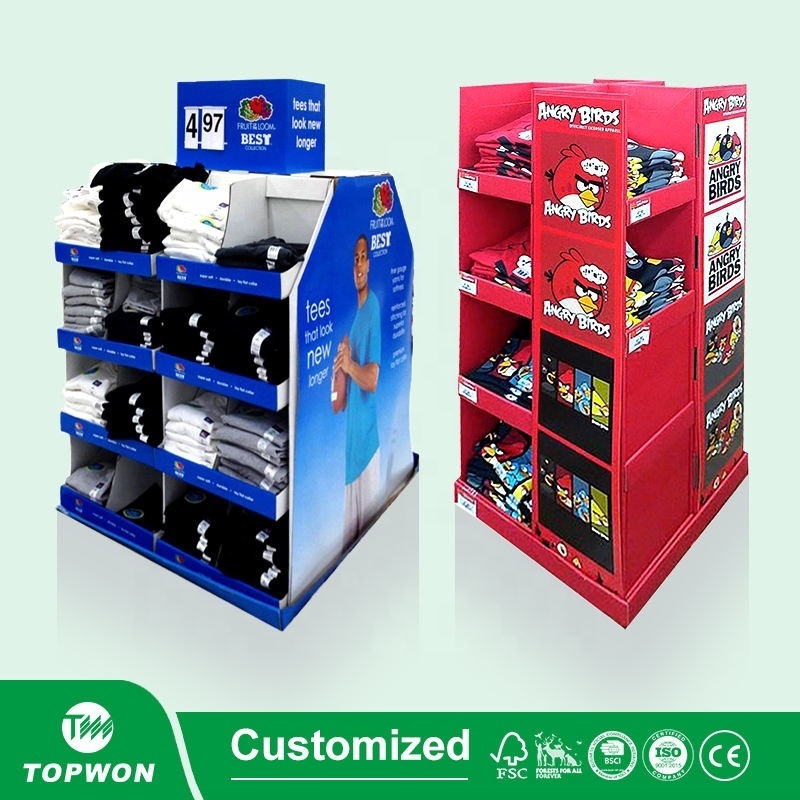 Custom Supermarket Corrugated Clothing Display Rack Cardboard Floor Hook Display Stand Shoe Bag Display Stand