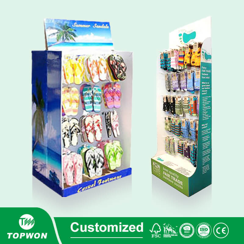 Custom Retail Fsdu Rotary Floor Shelves Counter Table Paper Hook Rack Corrugated Hanging Cardboard Socks Display Stand