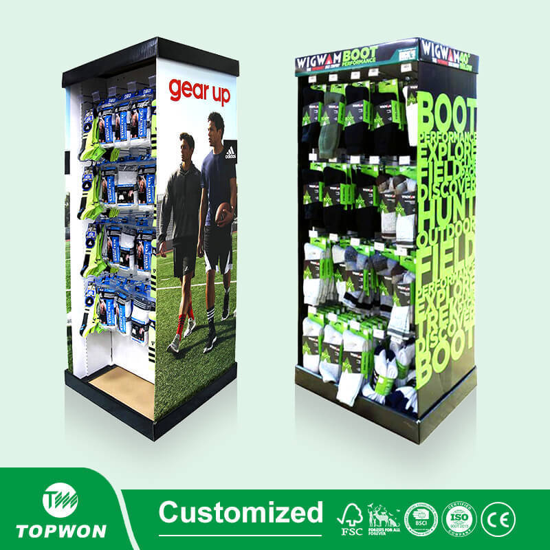 Custom Retail Fsdu Rotary Floor Shelves Counter Table Paper Hook Rack Corrugated Hanging Cardboard Socks Display Stand