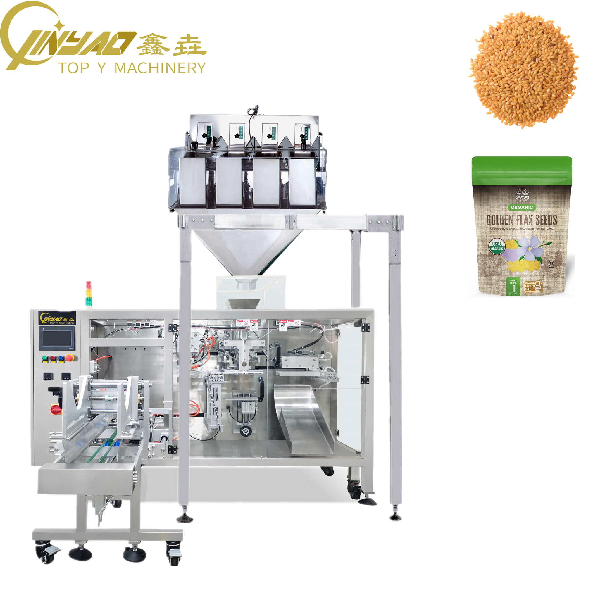 Flax Seeds Stand up Pouch Packaging Machine Combined With 4heads Weigher Linseed Premade Pouch Packing Machine