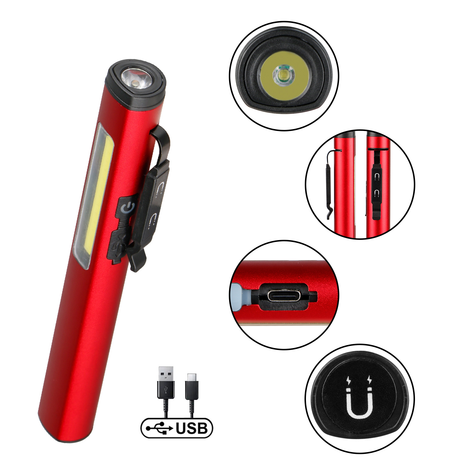 Mini LED USB Rechargeable Pen Flashlight With Clip Portable Pocket Magnetic Torch COB Outdoor Work Lamp For Camping Inspection