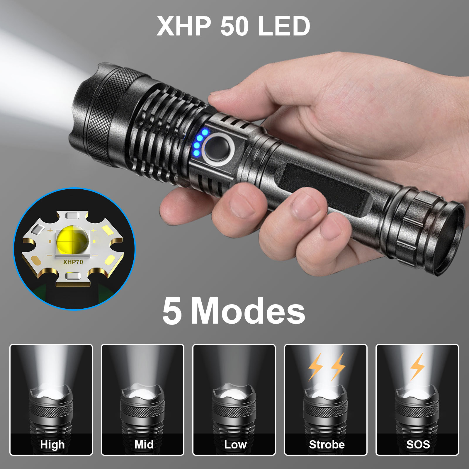 Led usb rechargeable flashlight high power zoomable torch 5 modes xhp50 built-in battery handheld lamp for outdoor fishing