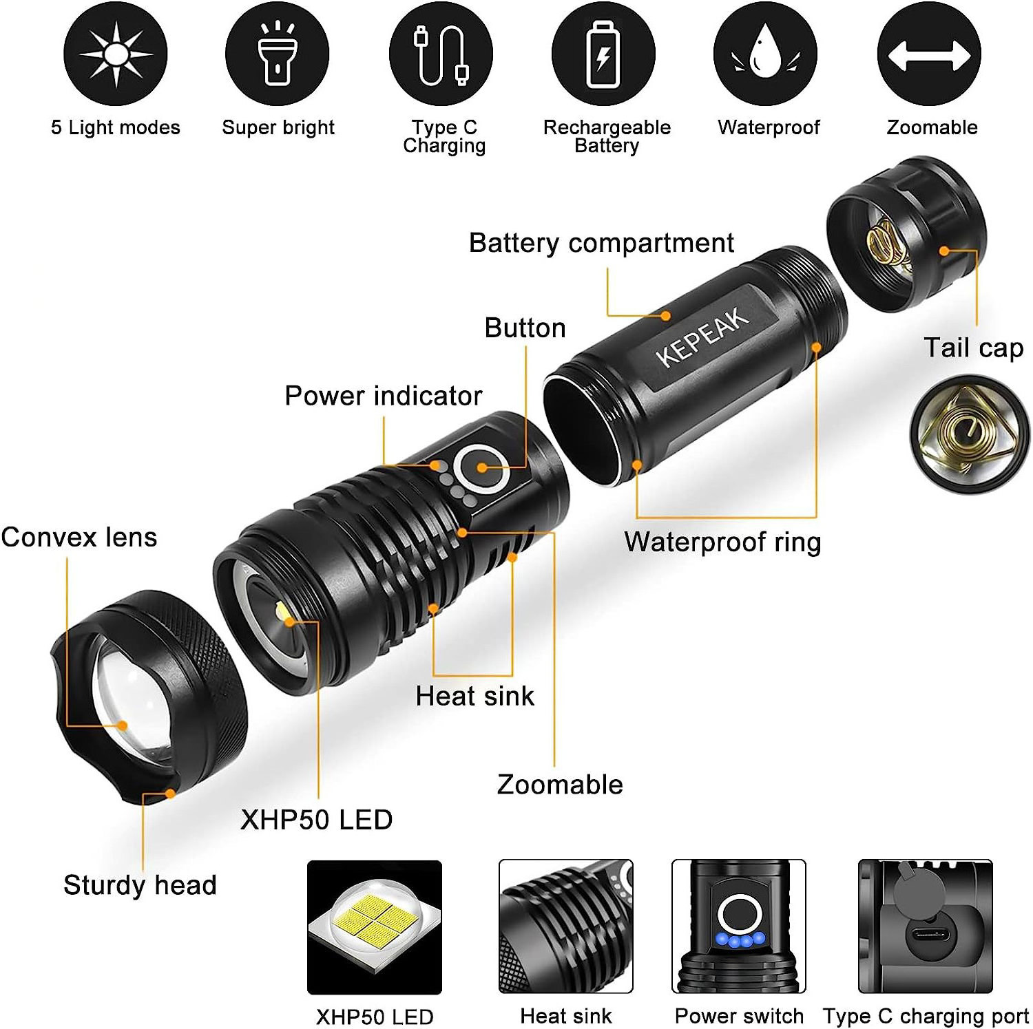 Led usb rechargeable flashlight high power zoomable torch 5 modes xhp50 built-in battery handheld lamp for outdoor fishing