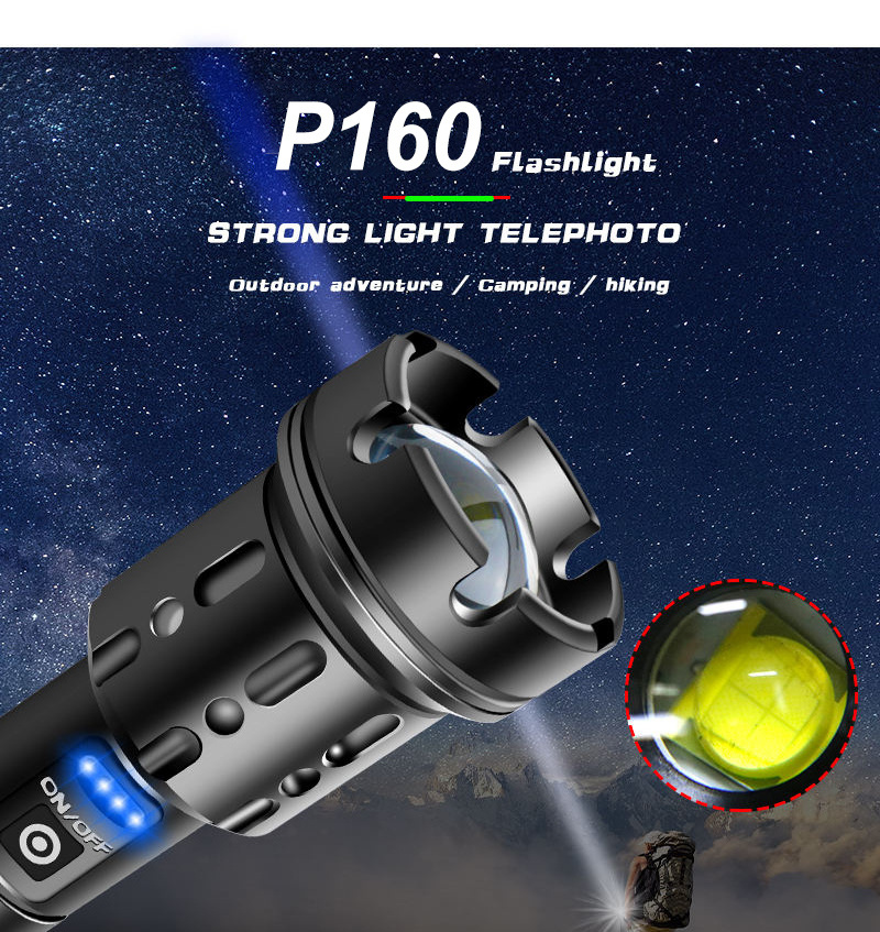 XHP 160 rechargeable torchlight  zoomable waterproof flashlight hunting light 2 km long range torch light