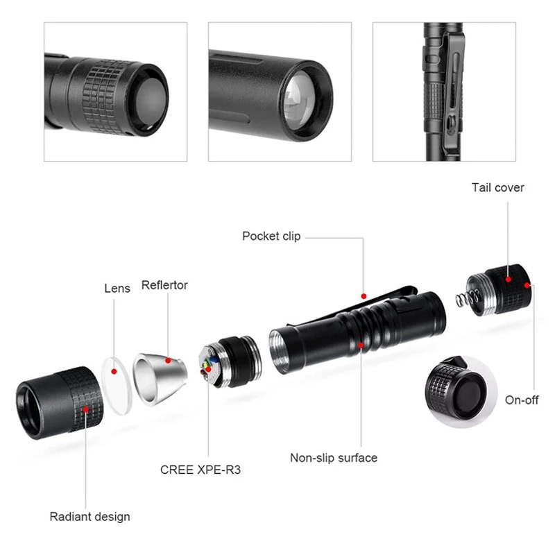 Mini LED Portable Pocket Penlight Light Weight Small Zoomable Flashlight Torch AAA Dry Battery Torch For Gift