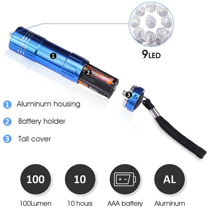 Camping Mini 9 LED flashlight high power 9 leds flash light Black Hiking Torch Lamp Flashlight use 3* AAA battery LED Flashlight