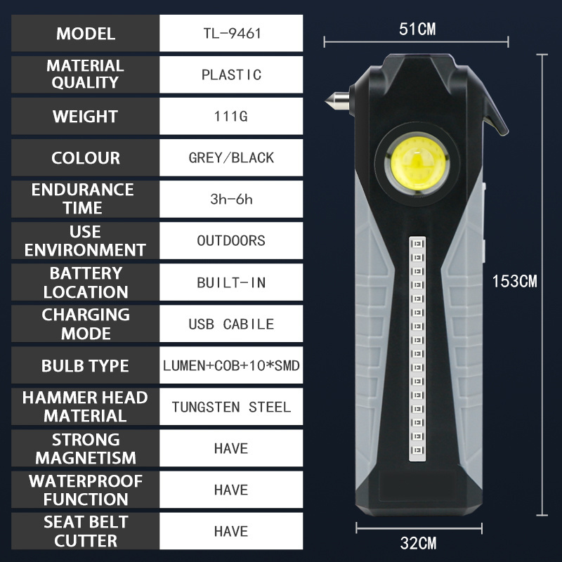 Rechargeable lights portable cob  working construction light Emergency Flashlight with Safety Hammer